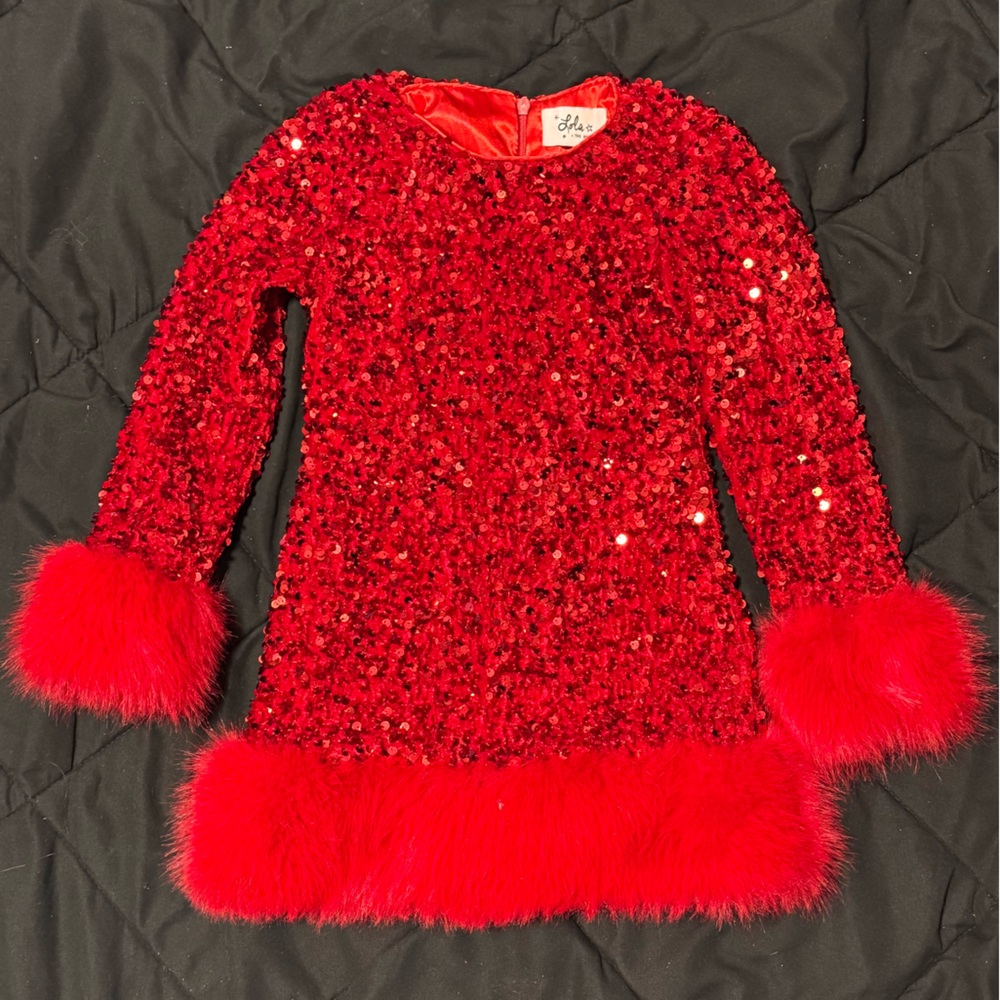 Lola + The Boys Ruby Shimmer Dress Red Sequin Faux Fur Trim Size 2